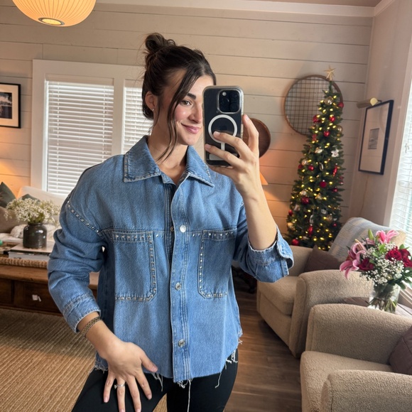 Stradivarius Denim Button Down Over Shirt with Stud Detail - Picture 5 of 5